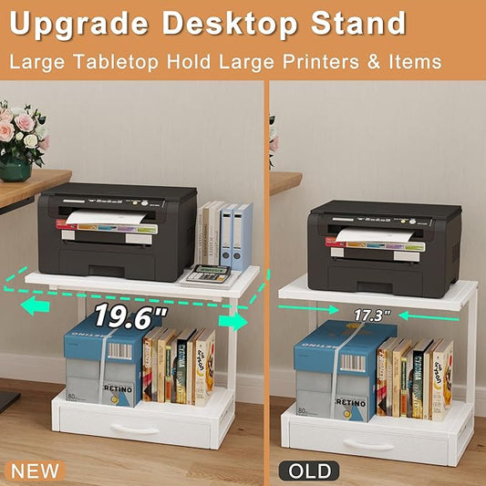 YAOHUOO 2-Tier Desktop Printer Stand with Fabric Drawer, Prtiner Table with Storage Shelf, Desk Organizer for Home Office,3D Printer,Fax Machine,Scanner, 19.6"x14.9" White