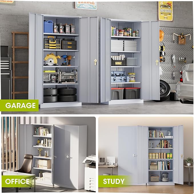 Greenvelly Metal Lockable Storage Cabinet, 72” Storage Cabinet with 2 Doors and 4 Adjustable Shelves for Office, Home, Garage, Pantry (Assembly Required, Dark Grey)