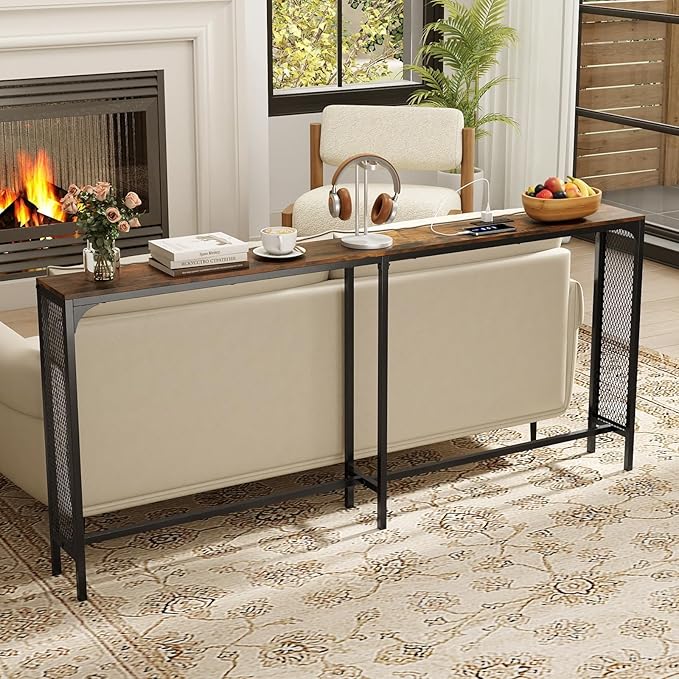 Giantex 71" Narrow Console Table with 2 Power Outlets and USB-C Ports, Sofa Tables with Charging Station & Metal Frame, Skinny Behind Couch Tables, Long Entrway Tables for Living Room, Rustic Brown