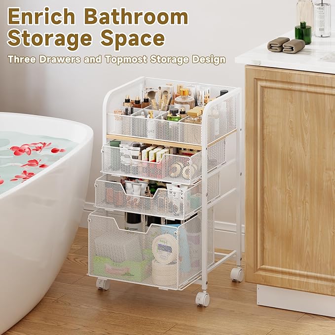 Makeup Cart Organizer with 3 Drawers,Floor Skincare Organizers with Dividers, Vanity Organizer Cosmetics Display Cases Holder for Skin Care Nail Polish Perfume Makeup brush Hair Tool,White