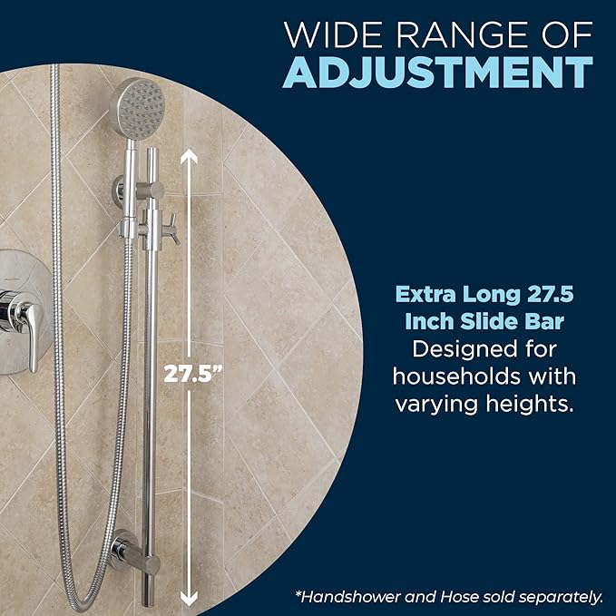 HammerHead Showers® Solid Metal 27.5 Inch Shower Slide Bar for Hand Held Shower Heads, Chrome | Adjustable Height Showerhead with Hose Rail System | Easily Adjust Height & Angle of Handshower