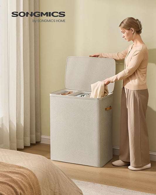 SONGMICS Laundry Basket, 50.2 Gal. Laundry Hamper, 3 Compartments, Easy Assembly, with Lid and Handles, Removable Liners, 25.2 x 15.7 x 29.5 Inches, Cappuccino Beige ULCB814LH01