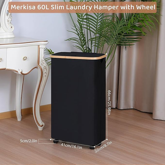 Slim Laundry Basket with Wheels,Narrow Hampers for Laundry,Freestanding Laundry Hamper with Lid&Bamboo Handles,Collapsible & Waterproof Tall Cloth Hamper for Dorm Family(60L Black)