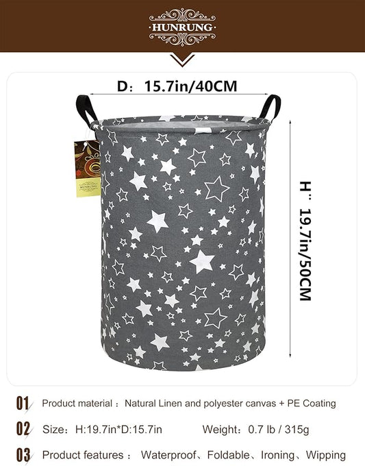 HUNRUNG Laundry Hamper,Large Canvas Fabric Lightweight Storage Basket Toy Organizer Dirty Clothes Collapsible Waterproof for College Dorms, Children Bedroom,Bathroom(Round star)