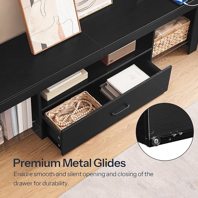 HOOBRO LED TV Stand with Power Outlets to 65 inch TV, Gaming Entertainment Center with Glass Shelves and Large Drawer, Modern Media TV Console Table for Living Room Bedroom, Black BB160UDDS01G1