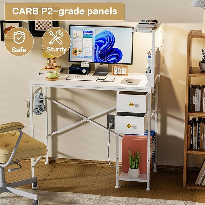 33.7" Computer Desk with Power Outlets, LED Lights & 2 Drawers, Small Office Desk with Storage Bag & Hooks, Gaming Desk for Bedrooms or Home Office, Compact Study Desk for Small Spaces,White