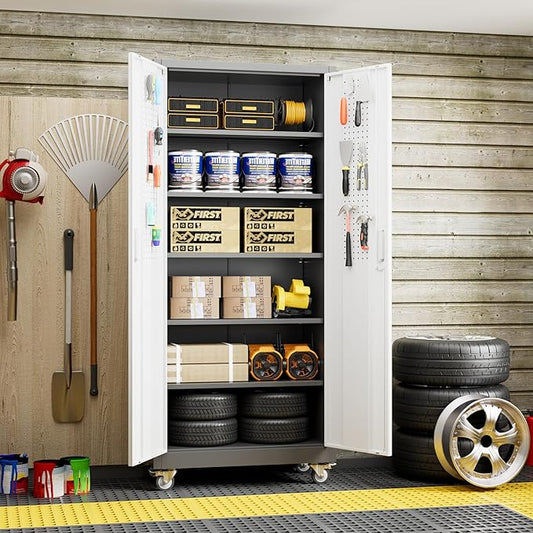 71" H Garage Storage Cabinet with Wheels, Lockable Metal Storage Cabinet with Doors,5 Adjustable Shelves and Pegboard for Garage Home Utility Room,Required Assembly,Grey&White