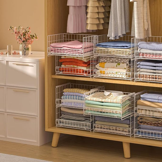 4-Tier Sliding Closet Organizers and Storage Shelves, Stackable Closet Shelf Organizer Basket Bins, Drawer Shelf Storage Container for Wardrobe Cupboard Kitchen Bathroom Office, White