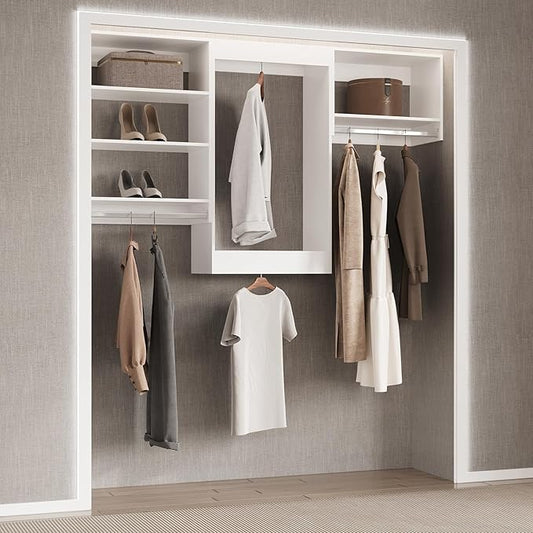 Medium Double Hanging Closet Unit, Modular Closet System, Wood Closet System Organizer with Storage for Walk In Closets, Clothing Rack Closet for Hanging Clothes, Bedroom, White, 19.5"W