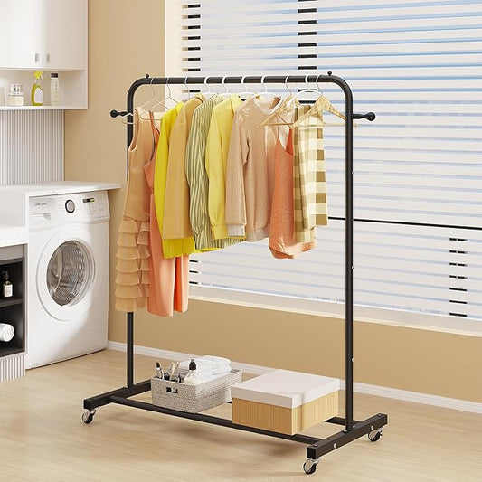 Sywhitta Clothing Rack on Wheels with Storage Shelf & Sturdy Metal Frame, Retail Clothing Rack for Hanging Clothes, Coats, Skirts,Space-Saving Mobile Organizer for Closet, Bedroom, Laundry Room, Black