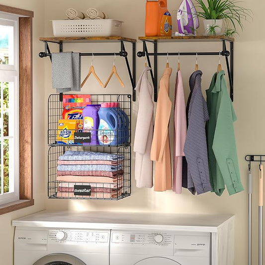 Laundry Room Shelves Wall Mounted with Wire Baskets, Over the Washer and Dryer Shelf with Clothes Drying Rack, Wire Shelves Baskets for Laundry Closet Organization and Storage, Wood+Metal, Black