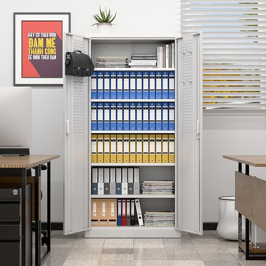Metal Storage Cabinet with 5 Adjustable Shelves and Pegboard, 71" H White Garage Storage Cabinet with Doors, Metal File Cabinet for Garage,Home, Office, White, Assembly Required