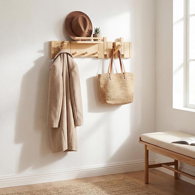 Mid Century Modern Walnut Foldable Entryway Wall Coat Hanger Hook with Shelf,Heavy Duty Wooden Piano Hidden Towel Hooks for Bathroom,Wall Rack for Purse&Key&Mail,Home Decor (Natural, 7 Hooks)