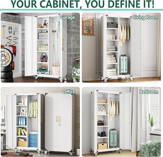 71" Garage Storage Cabinet with Hanging Rod,Lockable Metal Broom Closet Storage Cabinet with 4 Adjustable Shelves for Tools,Garage Home,Office Required Assembly,White