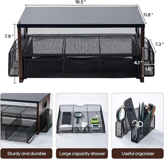 Printer Stand,Desktop Printer Stand with 2-Tier Storage Shelves for Home Office,Desk Organizer with Drawer and 2 Pen Holders for Fax Machine Scanner Files