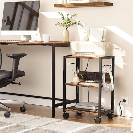 Industrial Printer Cart, 3-Tier Mobile Printer Stand, Rolling Cart with Power Outlets and USB Ports, Home Printer Stand with 2 Hooks, for Office, Living Room, Rustic Brown PTHR40E01Z