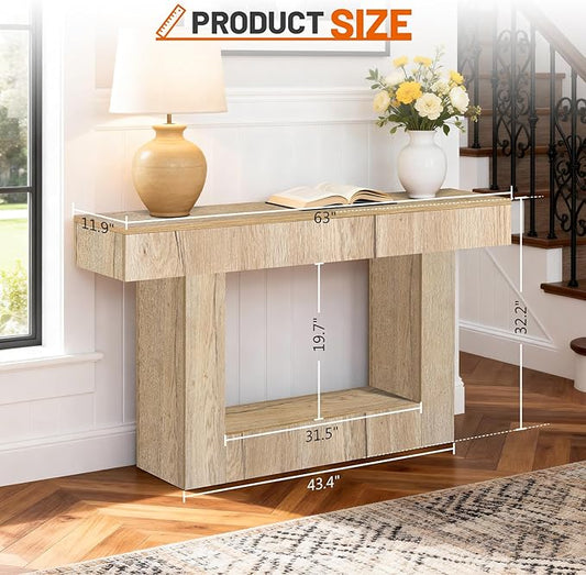 63 Inch Long Entryway Table U-Shaped Extension, Wooden Console Table with Socket Farmhouse Sofa Table for Entrance, Hallway, Living Room,Behind Couch((Natural Brown)