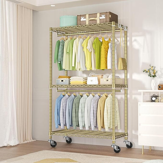 FUTASSI P3 Rolling Clothes Rack, Clothing Racks for Hanging Clothes, Heavy Duty Garment Rack with Wheels, Freestanding Portable Closet Organizer 39.4'' W x 14'' D x 78.5'' H, Max Load 464 LBS, Gold
