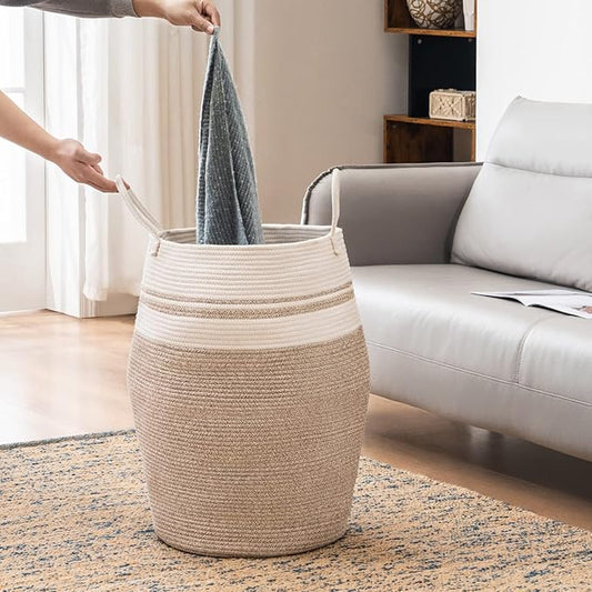 Cotton Rope Laundry Hamper by YOUDENOVA, 105L - Woven Collapsible Laundry Basket - Clothes Storage Basket for Blankets organizing, Bedroom Storage, Clothes Hamper – Brown