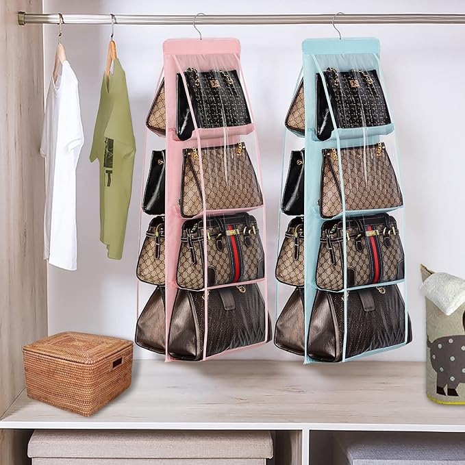 Lirex Handbag Hanging Purse Organizer for Closet, 8 Pocket Handbag Storage Organizer Hanger Oxford Cloth Closet Organizer for Family Closet Bedroom, Foldable and Universal Fit, Light Pink