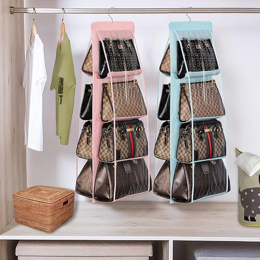 Lirex 2-Pack Handbag Hanging Purse Organizer for Closet, 8 Pocket Handbag Storage Organizer Hanger Oxford Cloth Closet Organizer for Family Closet Bedroom, Foldable and Universal Fit, Light Blue