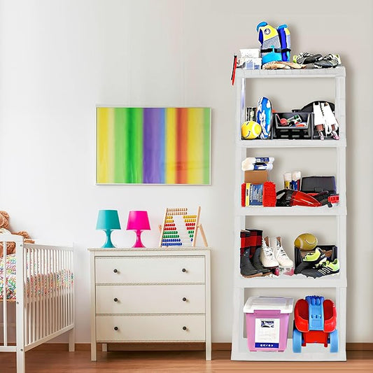 Oskar Heavy Duty Plastic Storage Shelves- for Garage, Kitchen, Bathroom Basement, Kids Room, Stackable 5-Tier White Organizer Rack for Books Shoes, Toys, Pantry, Cleaning and Closet Organization