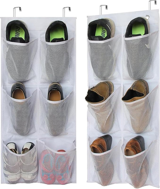 KIMBORA 2 Packs Narrow Over the Door/Wall Shoe Organizer Cruise, Small Hanging Shoe Rack for Closet with Clear Mesh Pocket for Bathroom, RV, Pantry, Camping (White)