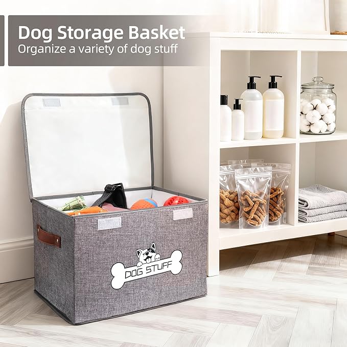 Fabric Dog Toy Box with Lid, Collapsible Storage Bin, Basket Organizer with Handle for Dog Toys, Blankets and Accessories, Grey