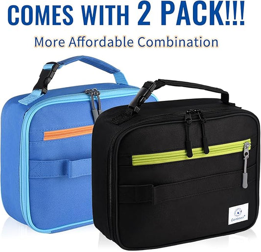 Genteen 2 Packs Insulated Soft Lunch Bag With Double Zipper - Sturdy, Freezable and Reusable for Kids, Men - For School, Work, Outdoor (Black & Blue)
