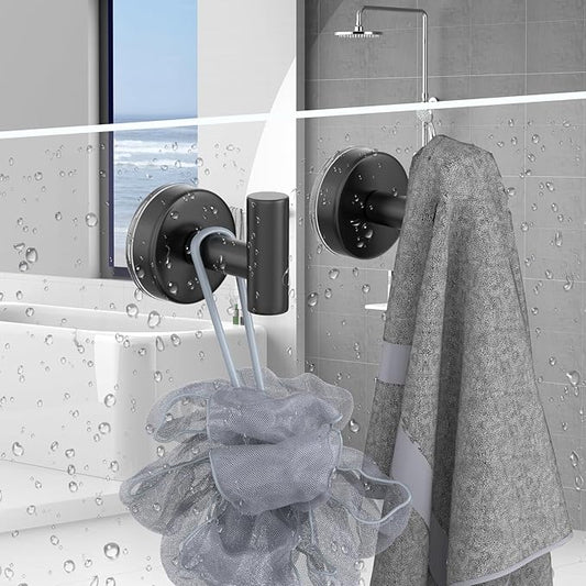 Suction Cup Hooks for Shower, Stainless Steel Towel Hooks for Bathroom Wall, Glass Door, Kitchen, Mirror, Tile, Shower Hooks for Hanging Towels, Robes, Bath Balls (2 Pack,Black)