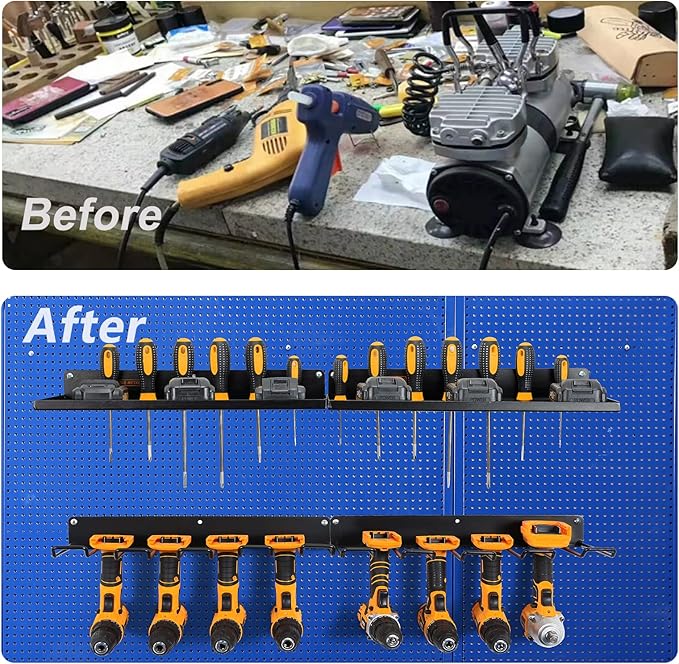 Power Tool Organizer with Charging Station,Drill Holder Wall Mount,Garage Storage Shelves for Organization and Storage,Heavy Duty Pegboard Wall Organizer Set Solid Metal Black 2 Pack 4 Set…