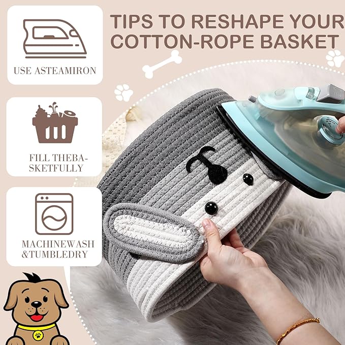 Zopeal Dog Woven Basket, 11.8" D x 6.7" H Cotton Rope Toy Storage Organizer, Dog Mom Gift Empty, Cute Laundry Puppy Gift Animal Basket for Clothes, Towels, Toy, Laundry, Bathroom, Home(White, Gray)