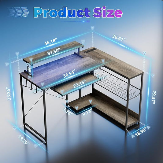 Computer Desk, L Shaped Gaming Desk with Monitor Stand & Storage Shelf & LED Light & USB Power Outlet, Reversible Shelves Corner Table with Keyboard Tray for Gaming, Home Office, Study