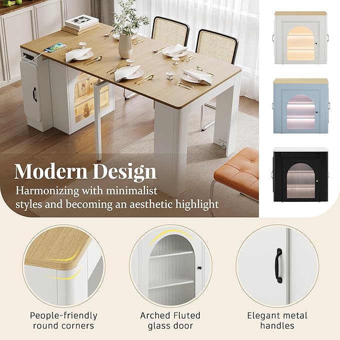 Extendable Dining Table with Storage Cabinet, 15.6" to 59" Rolling Kitchen Island Table with Power Outlet & LED Lights, Space Saving Dining Table for Small Spaces, White