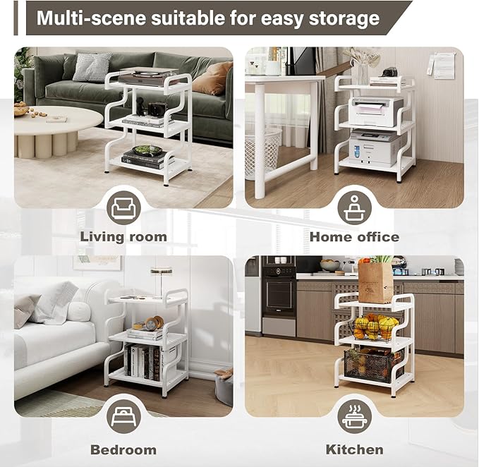 Natwind 3-Tier Printer Stand with Wheels Movable Storage Cart Floor-Standing Multi-Purpose Shelf Rack for Media Player Scanner Files Books Microwave Oven in Kitchen Living Room Home Office (White)