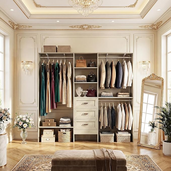 8FT Closet System with 3 Curved Drawers, 96'' Wooden Walk-in Closet Organizer with 3 Top Shelves, Adjustable Organizer System with 3 Hanging Rods, Built-in Wardrobe Storage Rack for 4-8 ft, White Oak