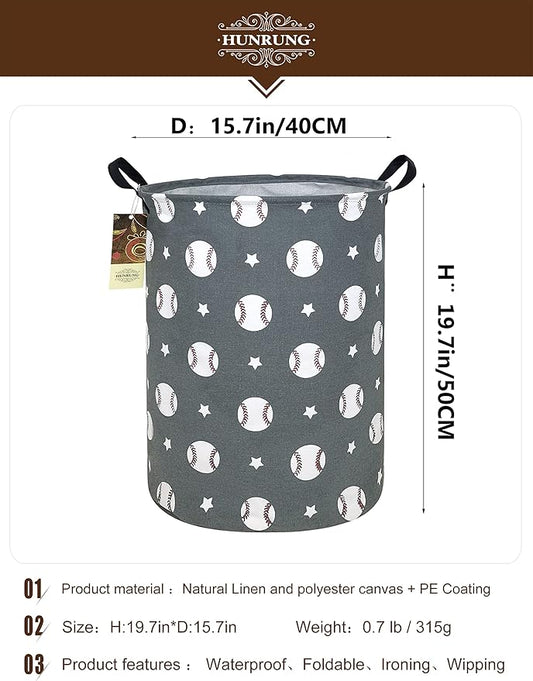 HUNRUNG Laundry Hamper,Large Canvas Fabric Lightweight Storage Basket Toy Organizer Dirty Clothes Collapsible Waterproof for College Dorms, Children Bedroom,Bathroom(Round-Grey Baseball)