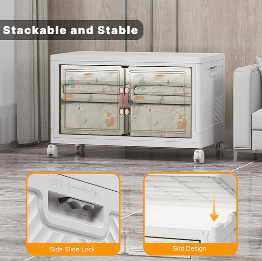 Extra Large Stackable Storage Bins with Lids & Wheels & Door,Foldable Collapsible Closet Organizers, Plastic containers drawers for bedroom Dorm (White-160QT, 1Pack with 1 top lid)