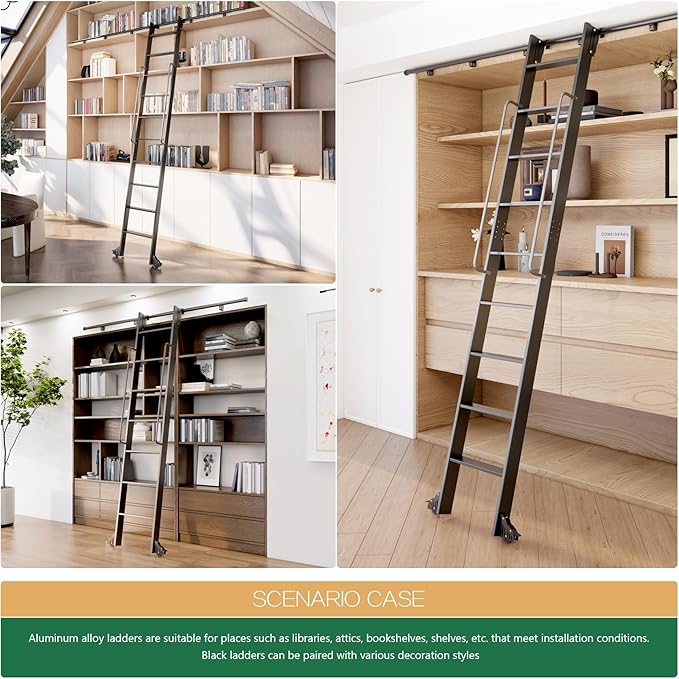120" Attic Rolling Library Ladder,10 Step Aluminum Ladder with,with 4FT Sliding Hardware Track Kit Bottom Wheel Included&Handrail,Loft Ladder,Wall Stairs Stair Platform Bunkbed Ladder