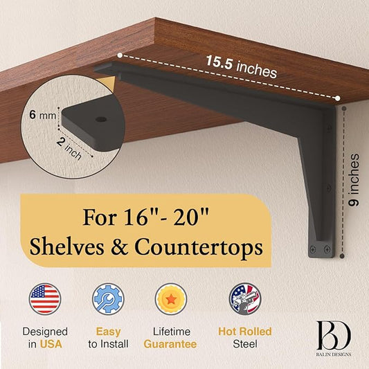 2 Pack Heavy Duty Shelf Brackets 16 Inch Mantel Decorative L Bracket for Shelves, Metal Shelf Support Bracket, Wall Mounted Granite Countertop Iron Corbels, Floating Black Shelving Brackets