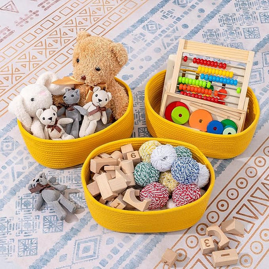 CubesLand Rope Woven Storage Baskets, Small Baby Nursery Organizer Basket, Rectangular Organization/Storage Bins, Closet Shelves Baskets,Empty Gift Basket 3 Packs, Yellow