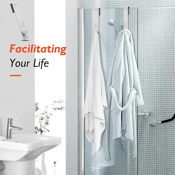 Shower Door Hooks(7.5 Inch),Extended Over Door Hooks for Bathroom Frameless Glass Shower Door,Stainless Steel Towel Hooks,Heavy Duty Rack Hooks for Robe,Towel-4 Pack-Silver