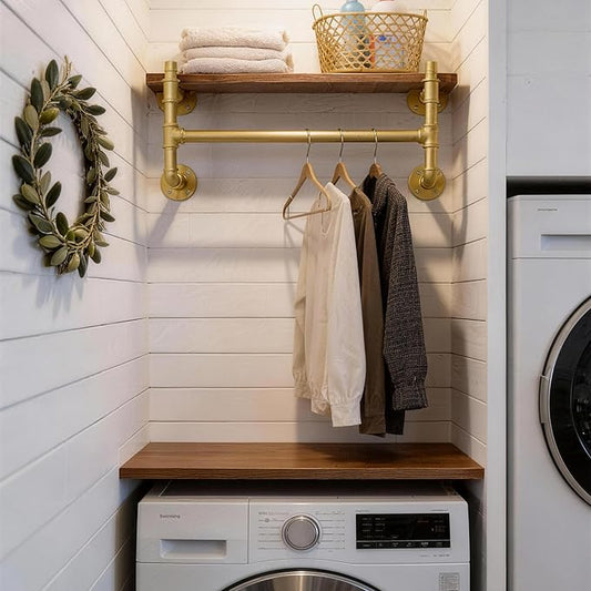 WEBI Wall Mounted Clothes Rack with Shelf,27" Industrial Pipe Clothing Rack with Shelf with Hanging Rod,Heavy Duty Iron Garment Rack Bar,Retail Display Clothes Rod for Laundry Room,Closet,Gold