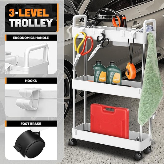 Auto Dynasty 3 Tier Slim Rolling Cart with Handle, Multifunction Utility Storage Rolling Cart, Movable Storage Organizer with Wheels for Office, Bathroom, Kitchen, Narrow Places (White)