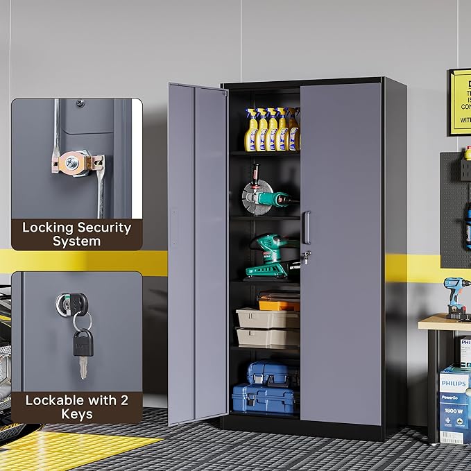 Metal Storage Cabinet with Lock,71" Garage Cabinets with 2 Doors and 4 Adjustable Shelves, Steel Locking Caninets Tall Tool Storage Caninet, Lockable File Cabnet for Home Office, Pantry
