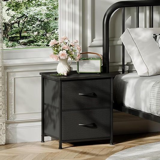 Somdot Nightstand, Small Dresser for Bedroom with 2 Drawers, Bedside Table Night Stand End Table with Fabric Bins for Bedroom Kids Closet Dorm Guest Room, Black