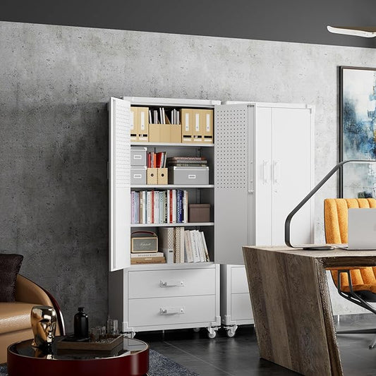 Garage Storage Cabinet with 2 Drawers and Pegboard, Metal Storage Cabinet with 2 Lockable Doors for Garage Home Warehouse,Required Assembly,White,71.2" H*15.2" D*30" W