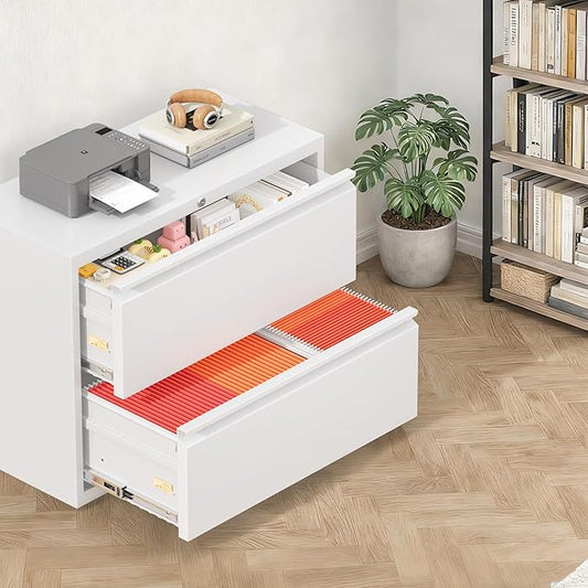 Bonusall File Cabinet, Lateral Filing Cabinet, 2 Drawer Metal File Cabinet with Lock, Lockable Filing Cabinet for Home Office, Hanging Files Letter/Legal/A4/F4 - White