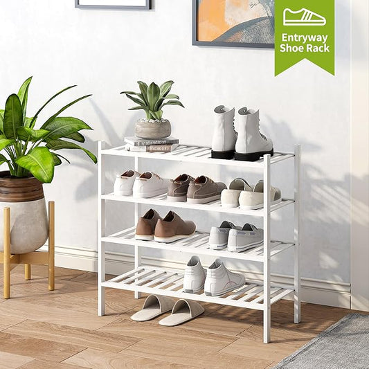 BMOSU 4-Tier Bamboo Shoe Rack Premium Stackable Shoe Shelf Storage Organizer for Hallway Closet Living Room Entryway Organizer(White Bamboo)