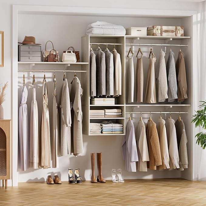 Cyclysio 96 Inch Closet System, 8 FT Hanging Closet Organizer System, Walk in Closet System with 4 Adjustable Rods and 3 Shelving Towers for 4-8FT Spaces(Cut-to-Fit), Oak